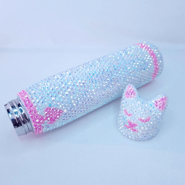 bouteille Chat strass Blanc Et Rose