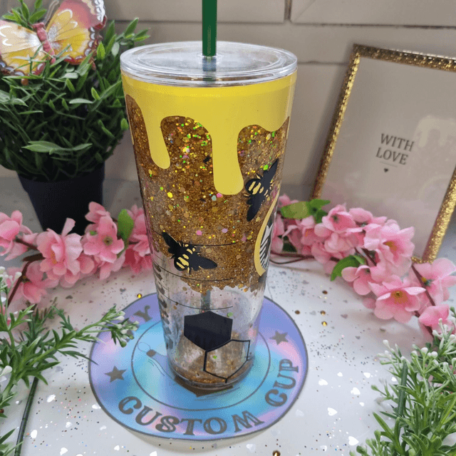 Tasse Snow globe Queen Bee jaune et noire avec paillettes doré 
